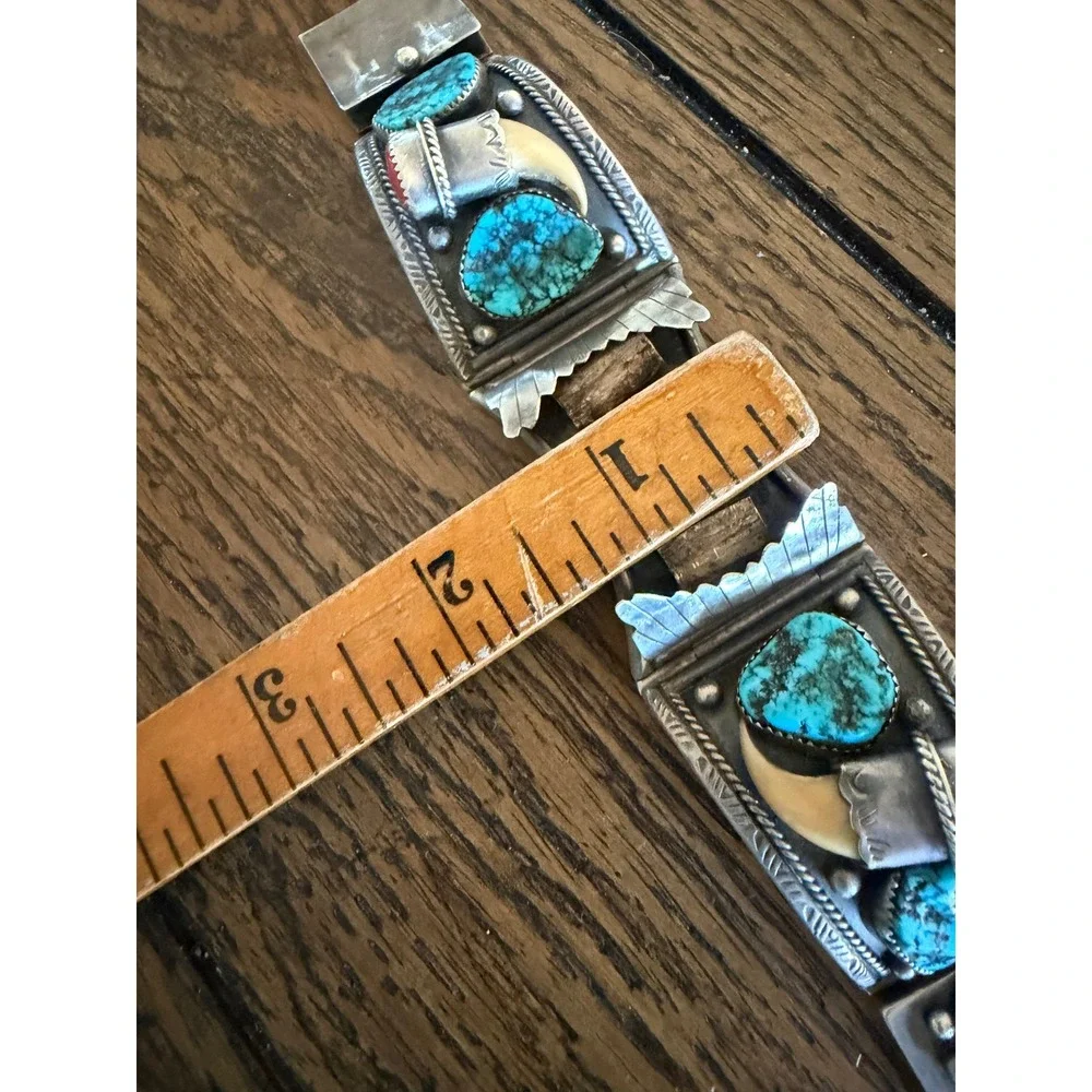 Vintage Navajo Sterling Silver Turquoise CoralClaw Watch Cuff Bracelet signed
